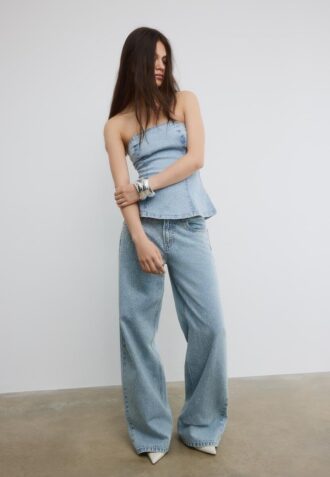 Top bustieră din denim strălucitor