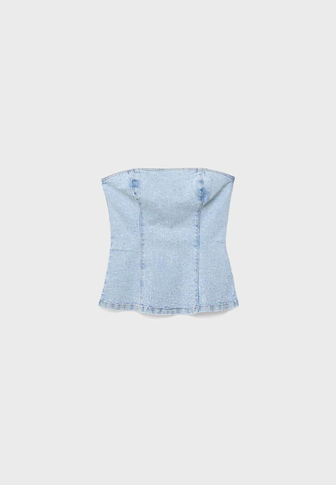Top bustieră din denim strălucitor