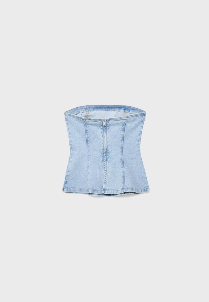 Top bustieră din denim strălucitor