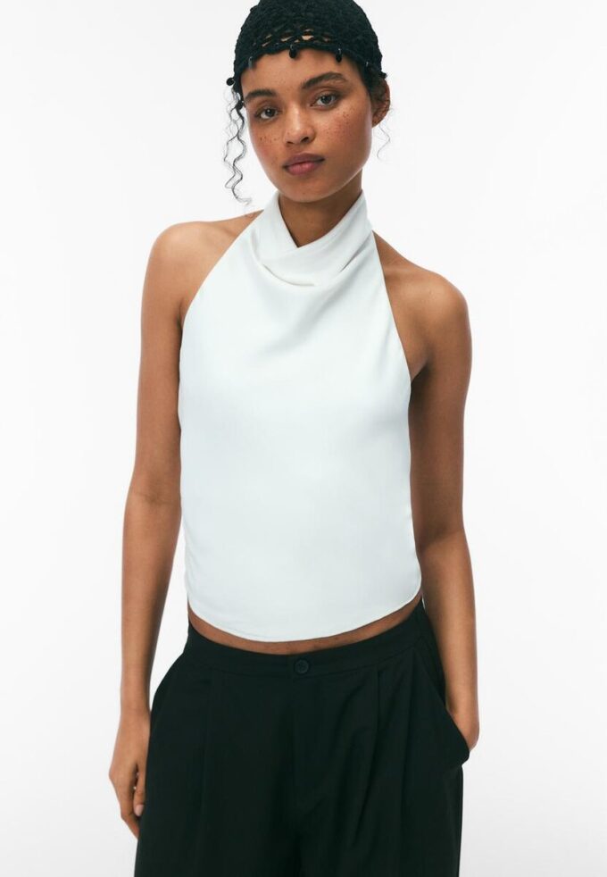 Top cu gât halter cu efect de satin