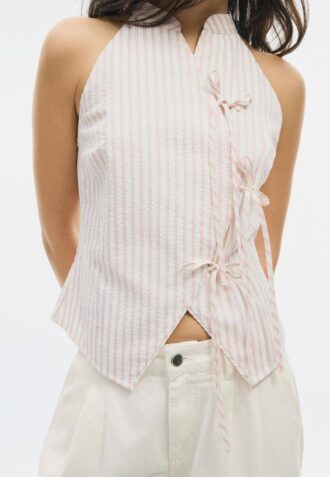 Top halter cu nod semi-șifonat în stil qipao