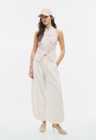 Top halter cu nod semi-șifonat în stil qipao