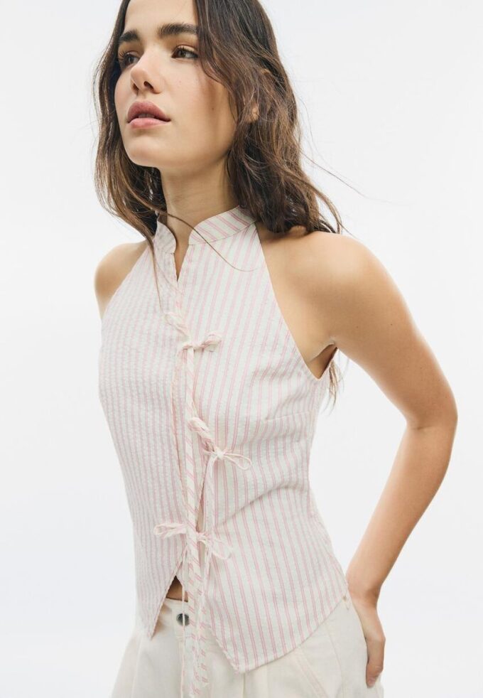 Top halter cu nod semi-șifonat în stil qipao Top halter cu nod semi-șifonat în stil qipao