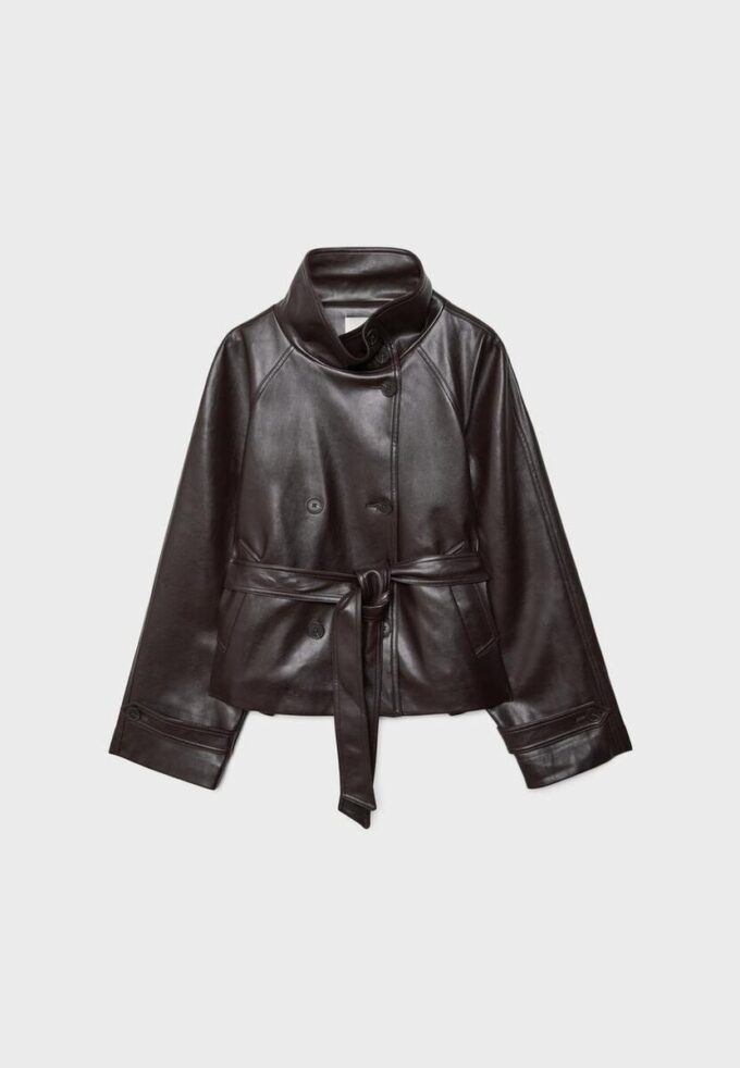 Trench cu guler înalt, aspect piele Trench cu guler înalt, aspect piele
