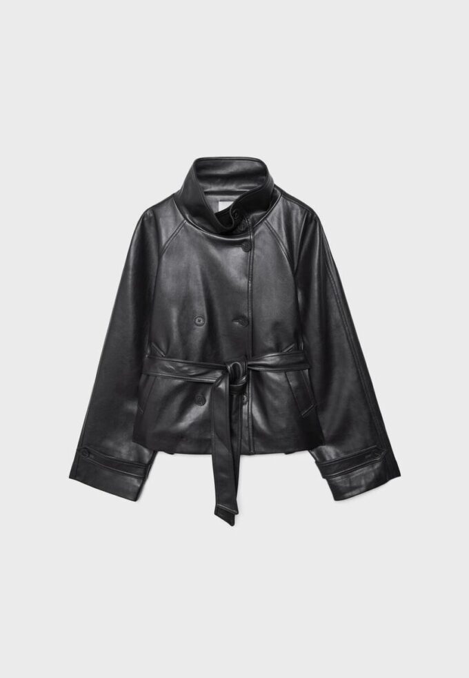 Trench cu guler înalt, aspect piele Trench cu guler înalt, aspect piele