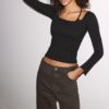 Tricou cu mâneci lungi și gât halter Tricou cu mâneci lungi și gât halter