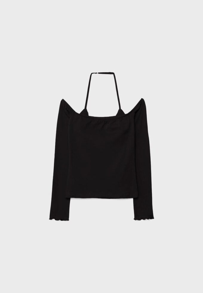 Tricou cu mâneci lungi și gât halter Tricou cu mâneci lungi și gât halter