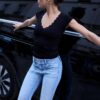 Tricou cu mâneci scurte, decolteu în V și dantelă Tricou cu mâneci scurte, decolteu în V și dantelă