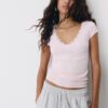 Tricou cu mâneci scurte, decolteu în V și dantelă Tricou cu mâneci scurte, decolteu în V și dantelă