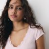 Tricou cu mâneci scurte, decolteu în V și dantelă Tricou cu mâneci scurte, decolteu în V și dantelă