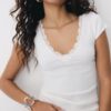 Tricou cu mâneci scurte, decolteu în V și dantelă Tricou cu mâneci scurte, decolteu în V și dantelă