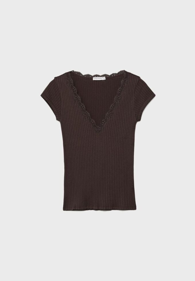 Tricou cu mâneci scurte, decolteu în V și dantelă Tricou cu mâneci scurte, decolteu în V și dantelă