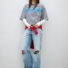 Tricou cu mâneci scurte și imprimeuri în dungi Tricou cu mâneci scurte și imprimeuri în dungi