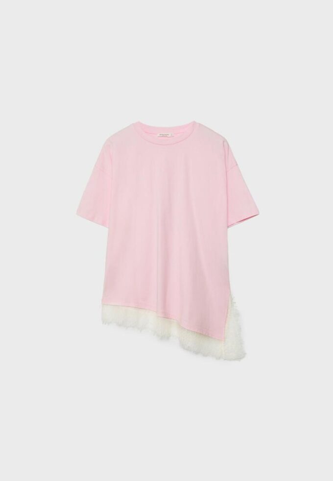 Tricou cu mâneci scurte și tiv din dantelă Tricou cu mâneci scurte și tiv din dantelă