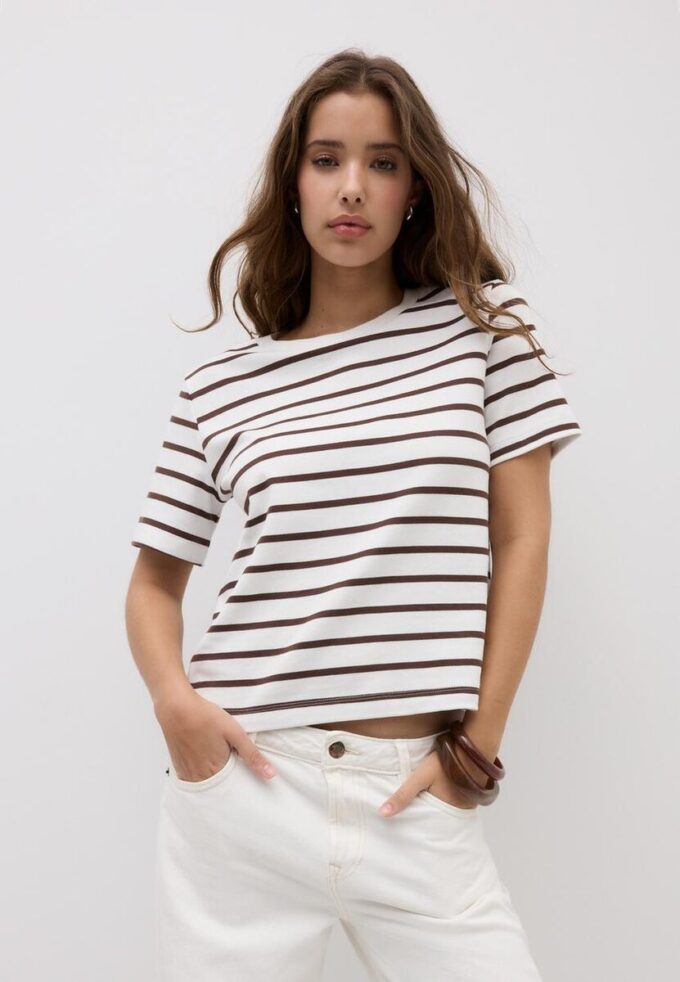 Tricou de bază cu dungi, croială regular, din material gros Tricou de bază cu dungi, croială regular, din material gros