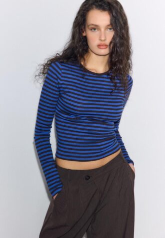 Tricou de bază din bumbac cu mâneci lungi și dungi