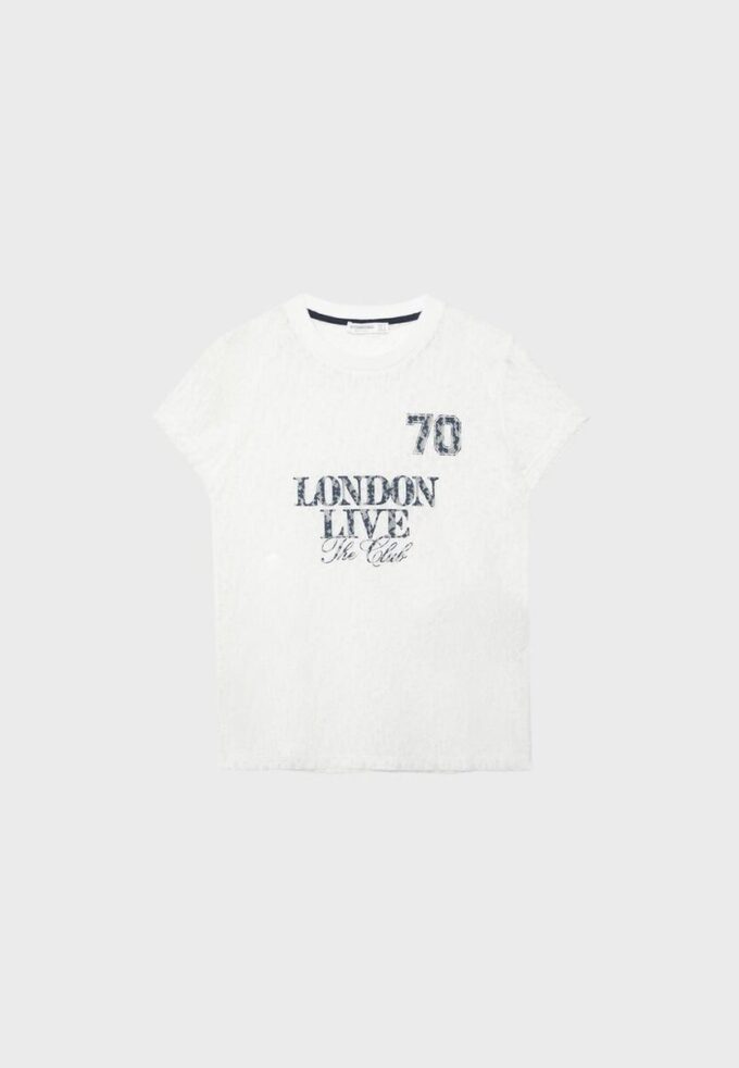 Tricou mulat cu dantelă și detalii grafice Tricou mulat cu dantelă și detalii grafice