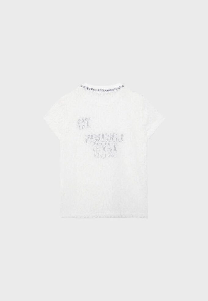 Tricou mulat cu dantelă și detalii grafice Tricou mulat cu dantelă și detalii grafice