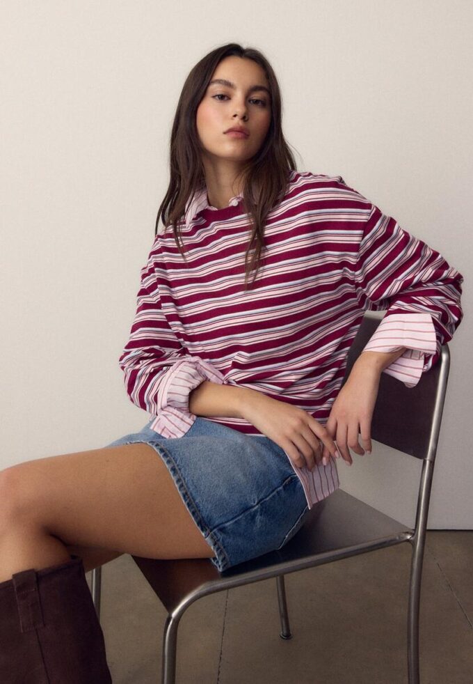Tricou oversize cu mâneci lungi și dungi Tricou oversize cu mâneci lungi și dungi