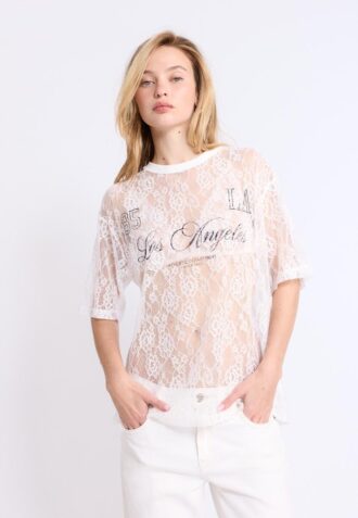 Tricou oversize din dantelă cu detalii grafice